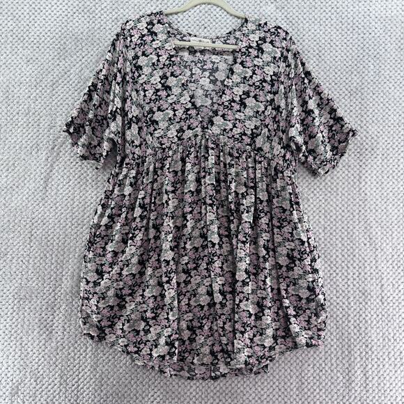NATURAL LIFE Dresses & Skirts - Natural Life Dress Womens L/XL Black Pink Floral V-Neck Babydoll Pocket Boho